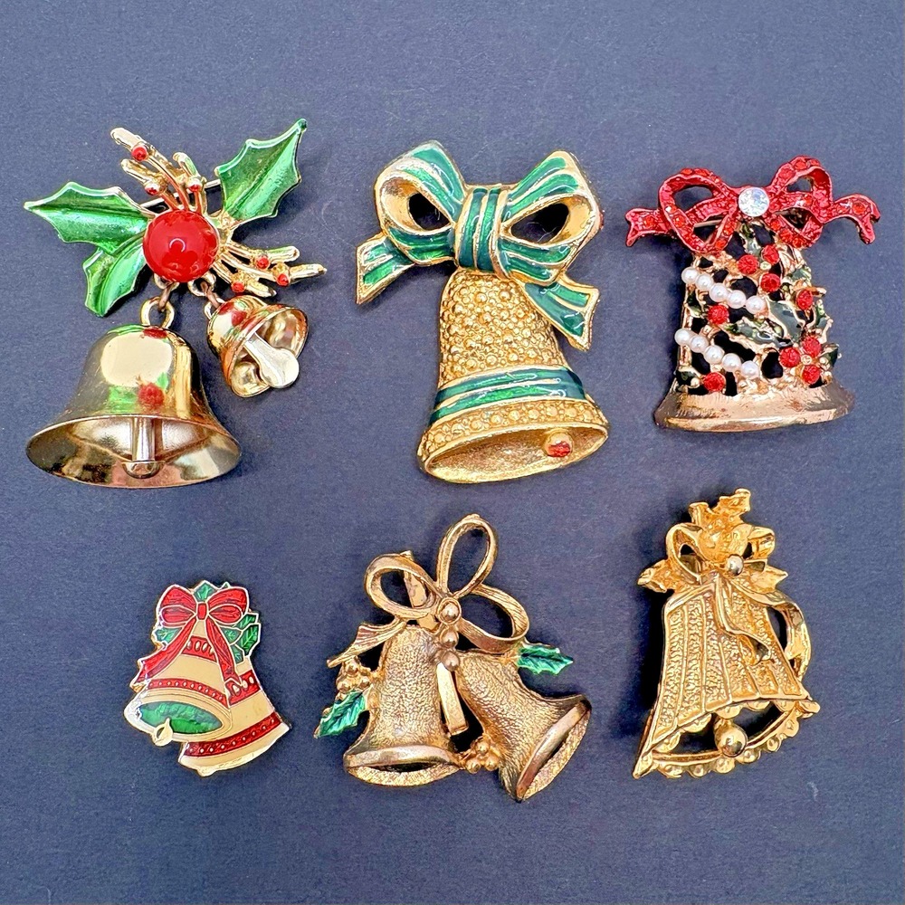 Vintage Christmas Bell Brooches Lot of 6 Holiday Retro Enamel Rhinestones